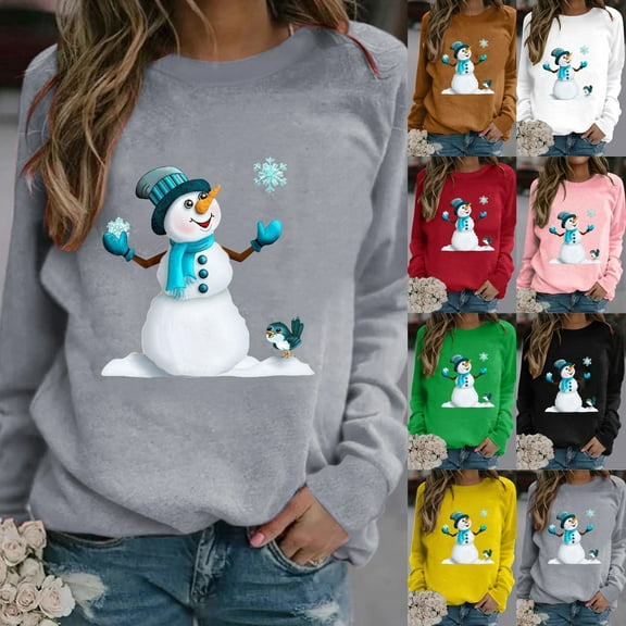 Titcea Christmas Sweaters for Women Cute Snowman Fashion Round Neck Pullover Sweatshirts Xmas Party Comfort Casual Tops