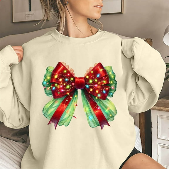 Titcea Christmas Sweatshirts for Women Long Sleeve Crew Neck Cute Christmas Knot Print Shirts Loose Comfort Casual Tops, Gifts for Her