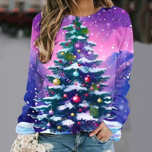 Titcea Christmas Sweatshirts for Women Long Sleeve Crew Neck Christmas Tree Print Shirts Loose Comfort Casual Tops, Gifts for Her
