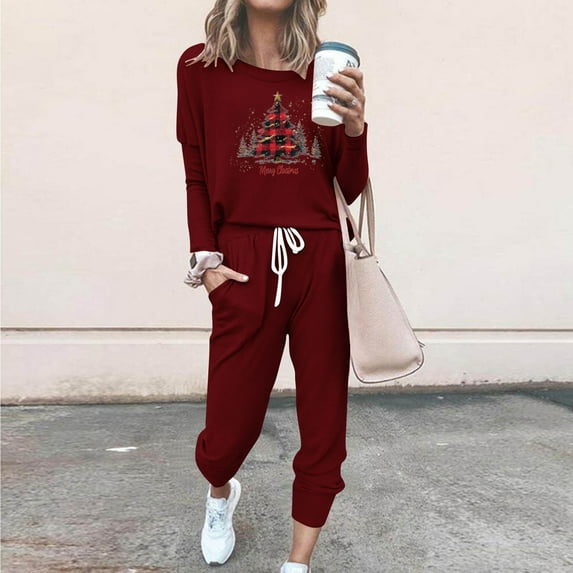 Titcea Two Piece Sets for Women Crewneck Pullover Sweatsuits Sets Christmas Print Drawstring Casual Tracksuits