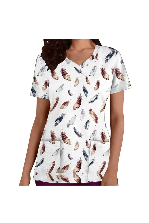 Holiday Scrubs Tops for Women Stretchy Nurse Scrubs Work Uniform Plus Size Nursing Scrubs with Pockets