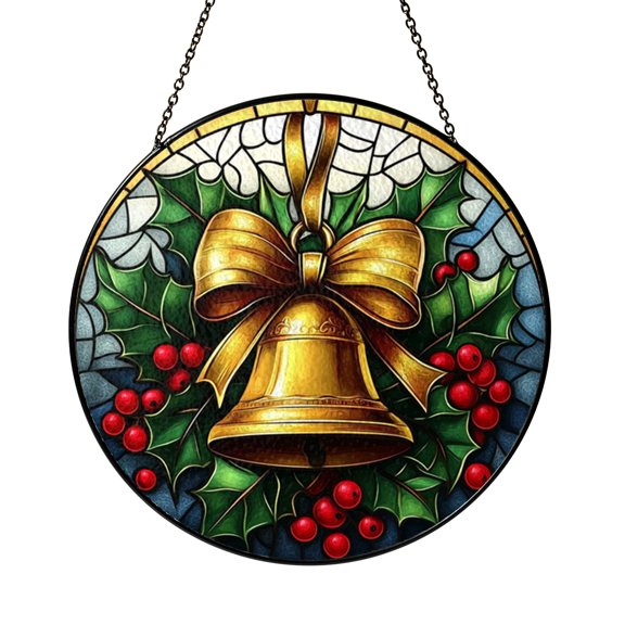 Holiday Season Bell Scene Stained Glass Style Decorative Window Panel, Winter Hanging Art