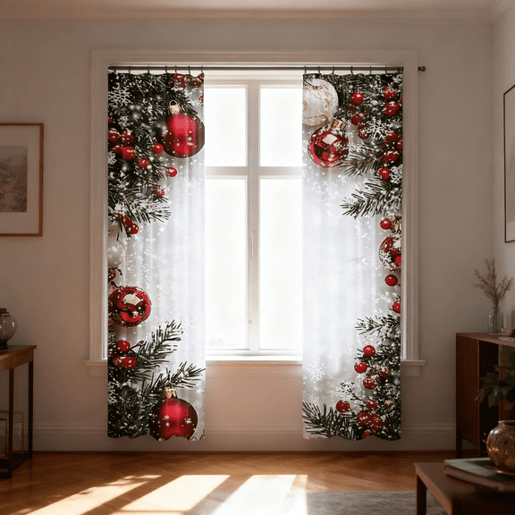 Holiday Season Classic Art 2d Flat Printed Curtains, 2 Pieces Festive 2D Print with Snowflakes & Pine Branches, Christmas Ball Holiday Printed Curtain for Easy Hanging