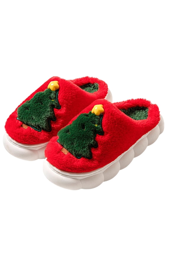 Holiday Season Women's Plush Slippers 3D Embroidered Tree Pattern Slip Resistant Soles