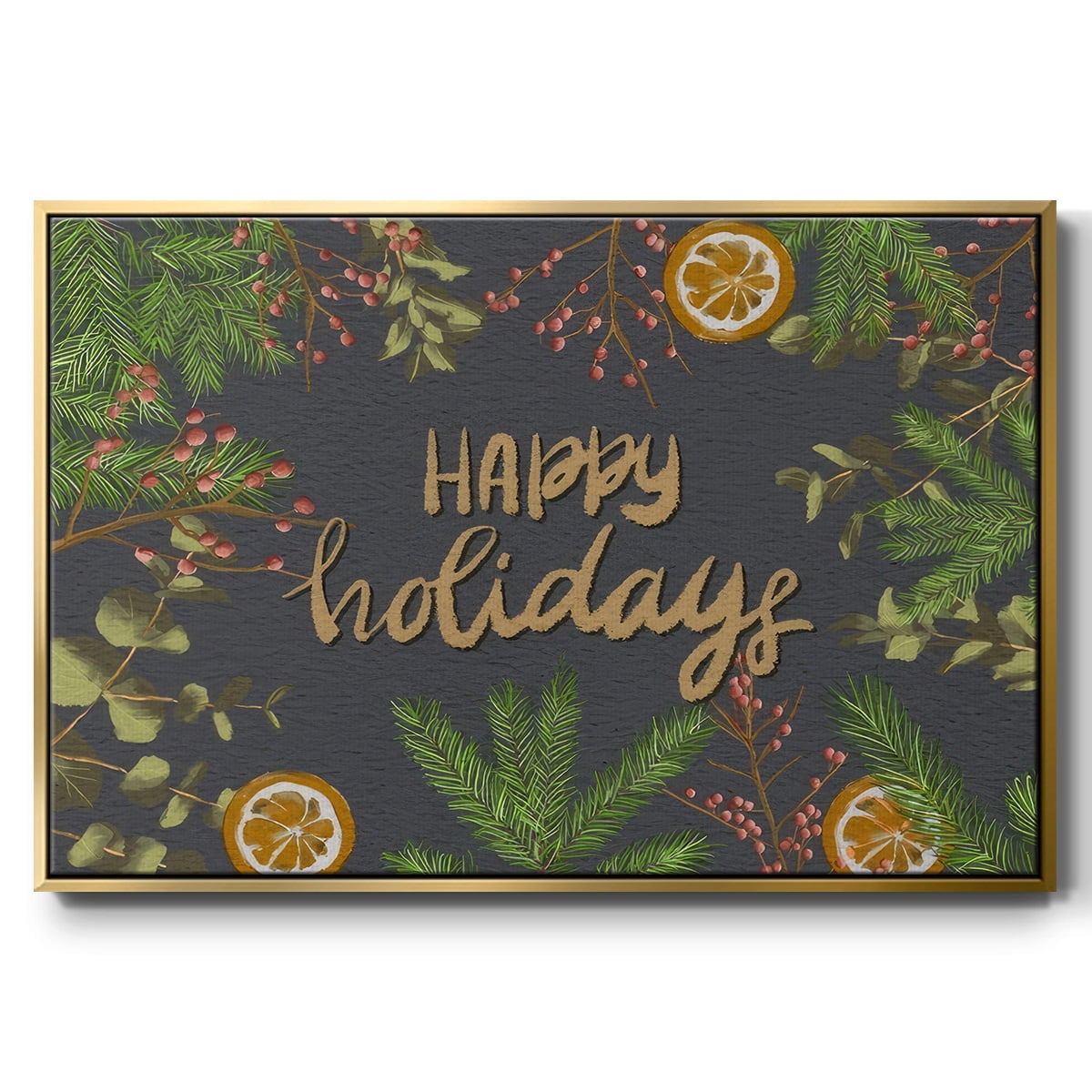 Holiday Sentiment II - Framed Gallery Wrapped Holiday Canvas - 17 x 25 - Gold Frame