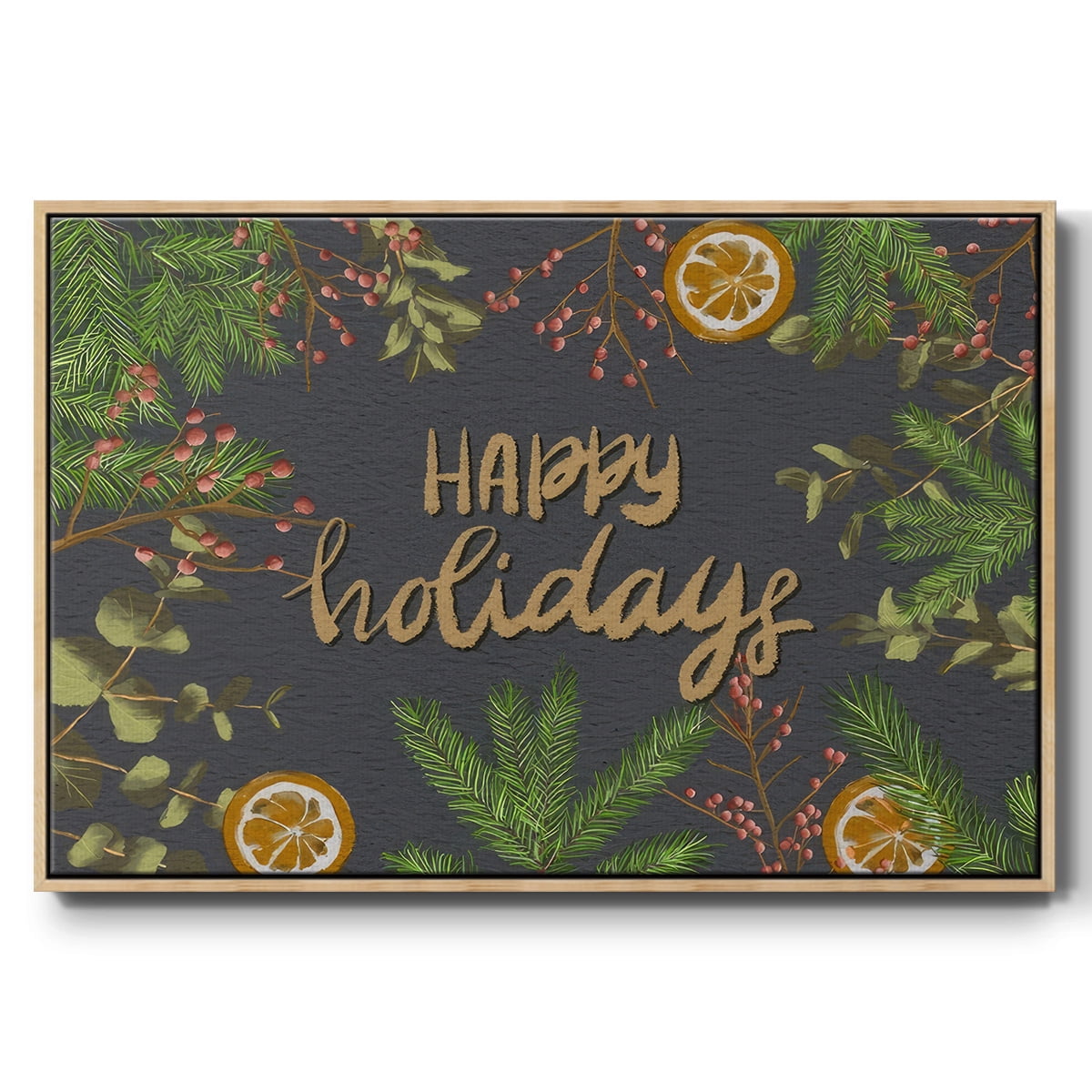 Holiday Sentiment II - Framed Gallery Wrapped Holiday Canvas - 17 x 25 - Natural Wood Frame
