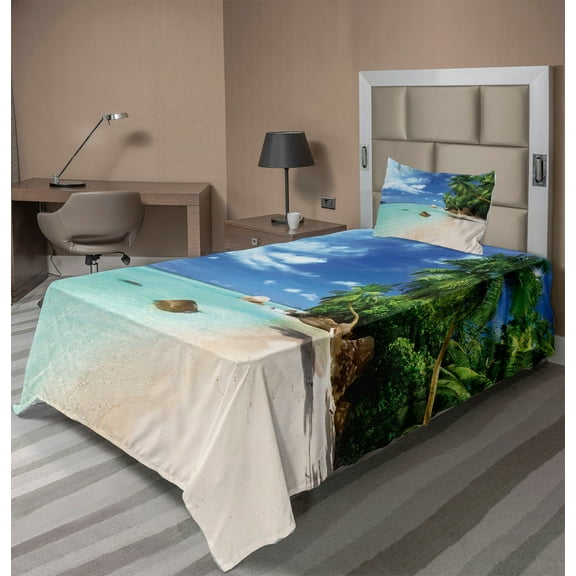 Ambesonne Beach Fitted & Top Sheet Set with Sham, Seascape Nature Jungle, Mint Green Green Blue