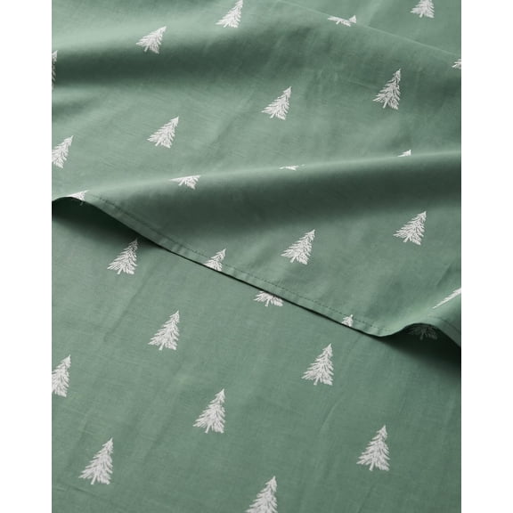 Holiday Sheet Set with Sage Pine Trees Print Queen Size