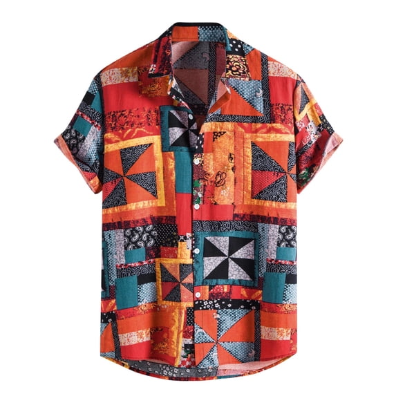 Holiday Shirt for Men Fashion Button Down Printed Short Sleeve Lapel Mens Clothing,Red,M