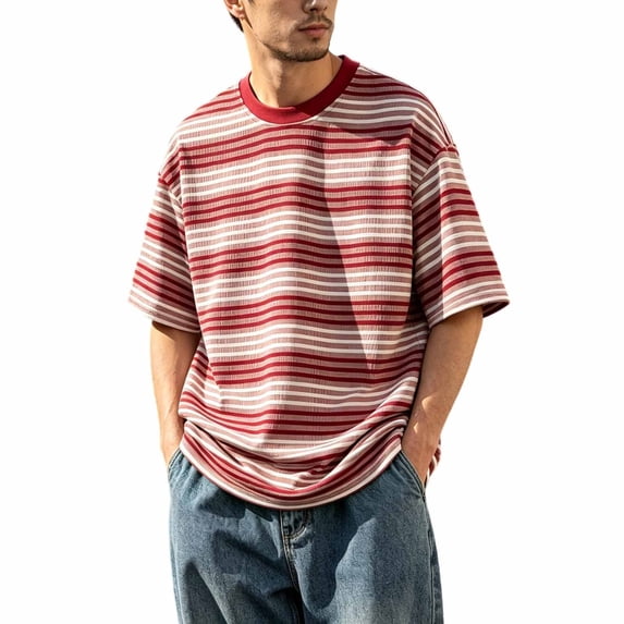 Holiday Shirt for Men Lightweight Striped Crew Neck Short Sleeve In A Sporty Style Mens Summer Tops,Red,S