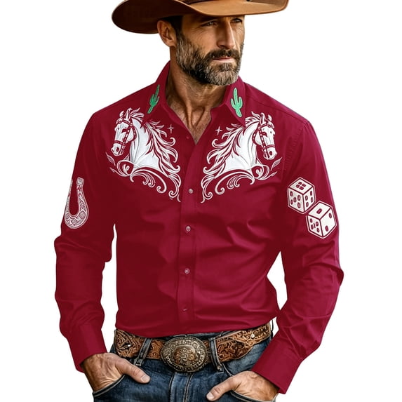 Holiday Shirt for Men Long Sleeve Denim Western Style Button Comfort Modern Beach Clothes for Men,Red,4XL