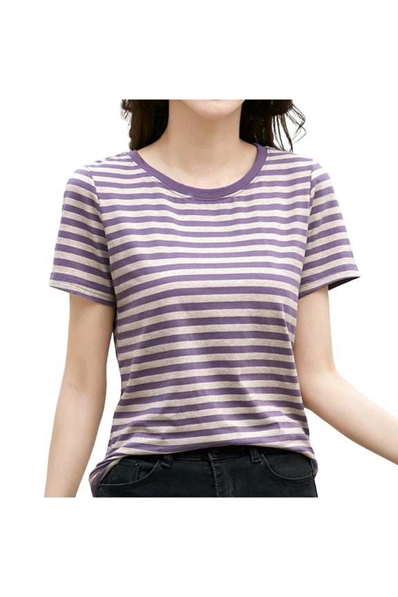 Holiday Shirt for Women Striped Retro Korean Style Round Neck Short Sleeve Beach Vacation Clothes for Women,Purple,M