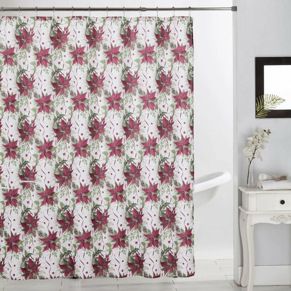 Holiday Shower Curtain Dobby Printed Christmas Design Bathroom Decor 70" x 70" - Pinecone Poinsettia
