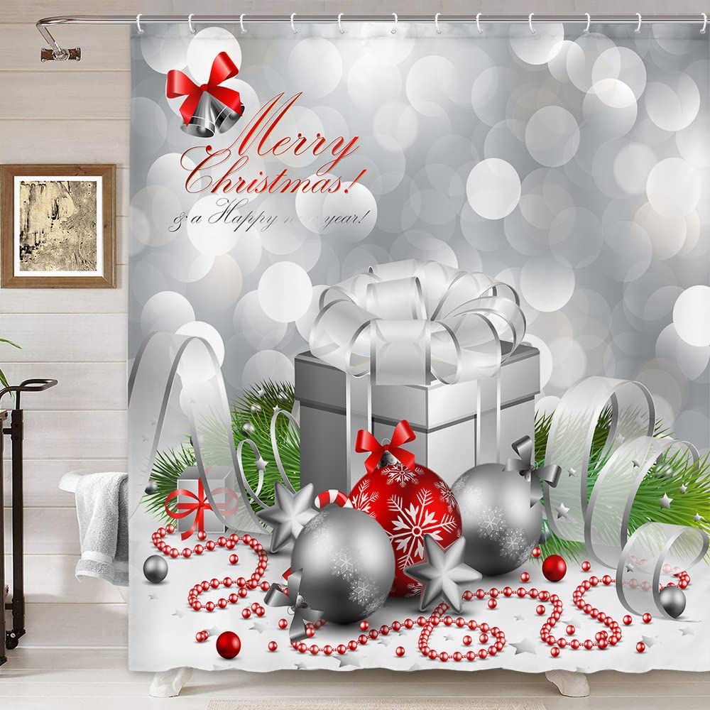 Holiday Shower Curtain, Happy Merry Christmas Silver and Blue Xmas Ball