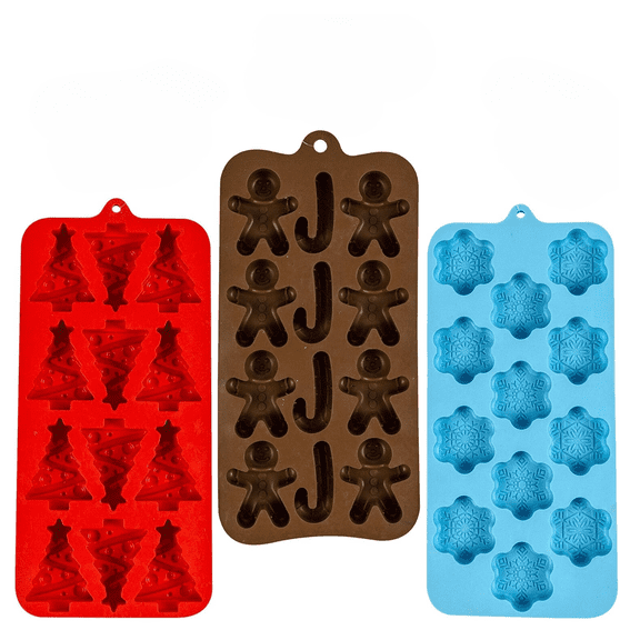 Holiday Silicone Ice Cube Tray, Candy Molds in 3 assorted trays RED -Christmas Tree shapes Powder Blue-Snowflake shapes, Dark Brown-Gingerbread Man Candy cane shapes