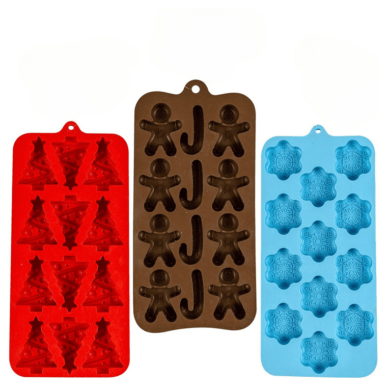 Holiday Silicone Ice Cube Tray, Candy Molds in 3 assorted trays RED  -Christmas Tree shapes Powder Blue-Snowflake shapes, Dark Brown-Gingerbread  Man Candy cane shapes 
