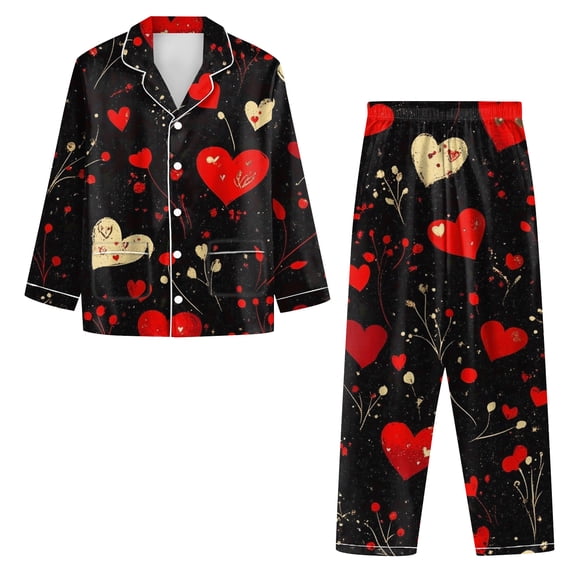 Holiday Sleep Set for Women - Long Sleeve Button Down Heart Print Pajama & Lounge Outfit Black S