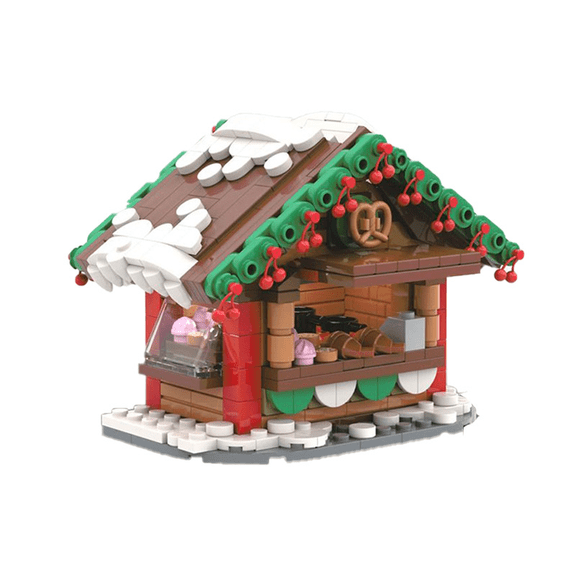 Holiday Snack Stall Building Block Model, SnowRoofed Market Booth Building Set for Display