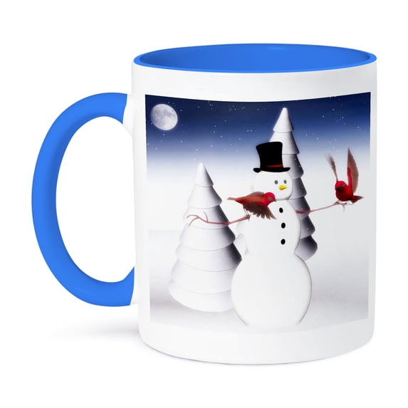 3dRose, Holiday Snowman With Cardinals, 11oz Two-Tone Blue Mug