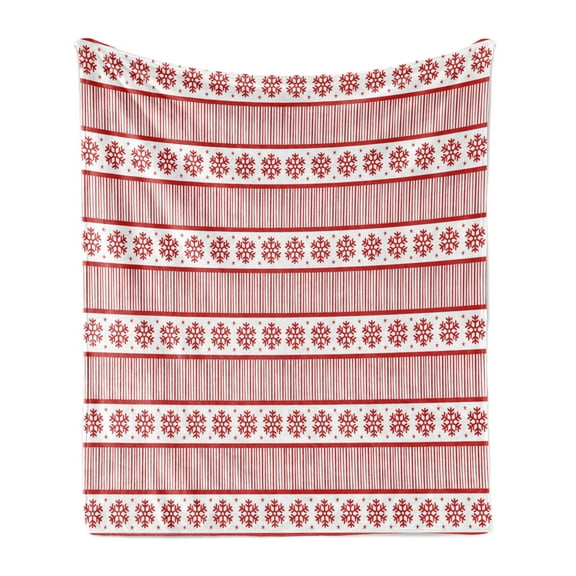 Holiday Soft Flannel Fleece Throw Blanket, Monochrome Design Snowflakes and Stripes Winter Noel Art, Cozy Plush for Indoor and Outdoor Use, 70" x 90", Vermilion and White, by Ambesonne