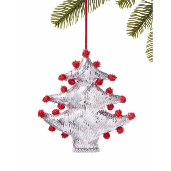 Holiday Sparkling Sequin Silver/Red Soft Christmas Tree Hanging Ornament 5.9"H