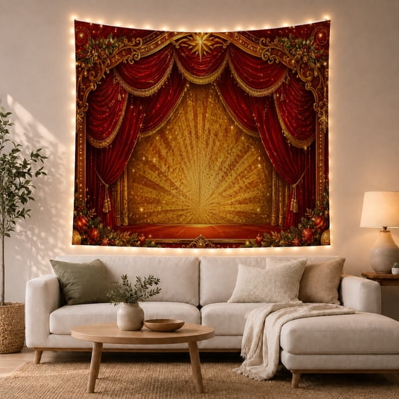 Holiday Stage Within Red Curtains and Golden Sunburst, Dramatic Vintage for Theater Fans, Pageant Wall Art, Christmas Gift, Tapestry Wall Hanging for Living Room and Studio