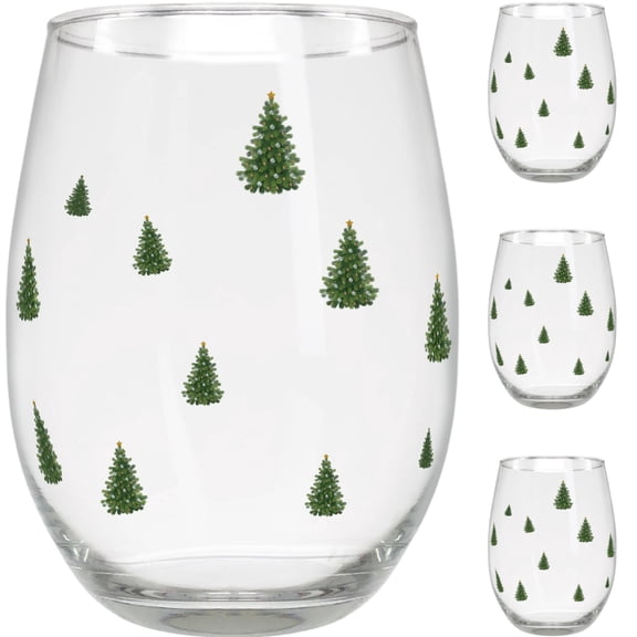 Holiday Stemless Wine Glasses - Winter Christmas Evergreen Tree Design - Set of 4 - Xmas Themed - 20 oz Capacity