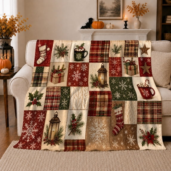 Holiday Stockings with Lanterns and Present Boxes, Traditional Patchwork for Holiday Lovers, Red Mug Holly Scene and Christmas Gift, Cozy Flannel Blanket for Bedroom and Family Room, Home Decor