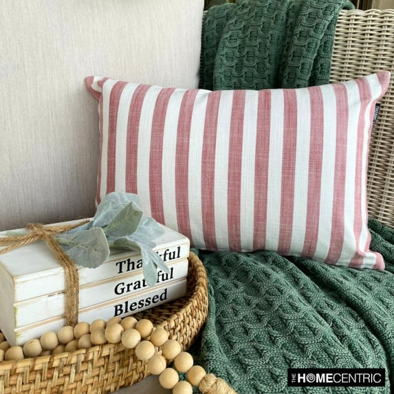 Holiday Striped Lumbar Pillow Cover, 12" x 26" Red Cotton Pillowcase, Farmhouse Check & Stripe Christmas Oblong Pillow Cover For Sofa Couch, Hotels, Living Room, Bed Room - Lush Lines Red