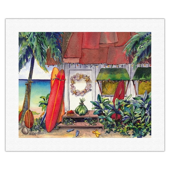 Holiday at the Surf Shack - Hawaiian Beach House (Hale) at Christmas - From an Original Hawaii Watercolor Painting by Peggy Chun - Fine Art Rolled Canvas Print 16in x 20in