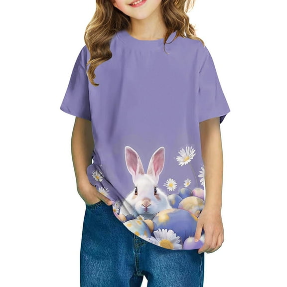 Holiday T-Shirt for Girls Rabbit Loose Shirts Casual Easter Tops Summer Cute Clothes Trendy Graphic Tees, Purple, 4 Years