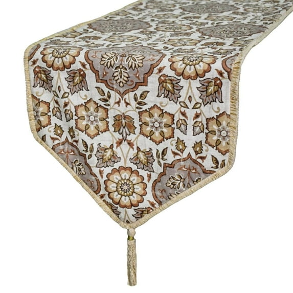 Holiday Table Décor Beige Coffee Table Runner (14 x 36 inch) Velvet Table Linen, Printed, Tassels, Handmade Table Runner for Holiday, Party, Dining, Christmas Hosting, Gifts, Art Deco - Cider Florals