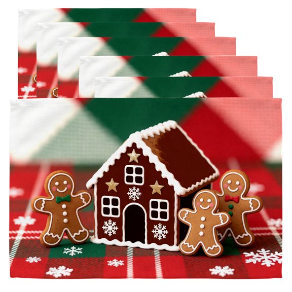 Holiday Table Placemats A gingerbread house with three gingerbread men,Set of 6,Rectangular 12x18 Inch,Table Decor Christmas