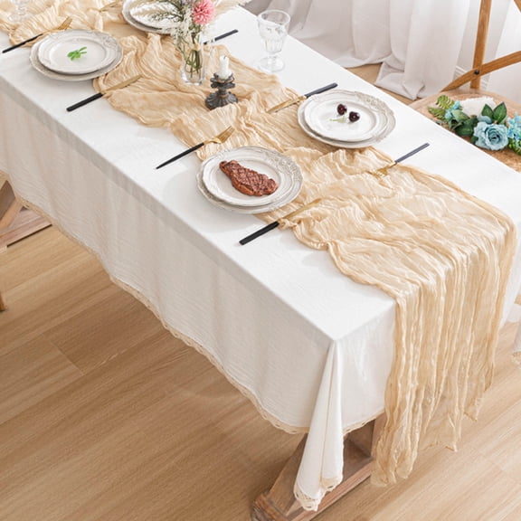 Holiday Table Runners,Plaid Table Runner,Cheesecloth Table Runner Boho Gauze Cheese Cloth Table Runner Long Romantic Sheer Table Runner For Wedding Bridal Baby Shower(Beige 157*35IN)