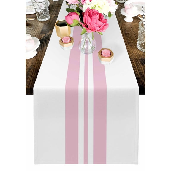 Holiday Themed Table Runner, Pink Stripes Washable Cotton-linen Table Runners Dining Kitchen Decoration for Everyday Home Wedding Party Decor, 13 x 72 Inch