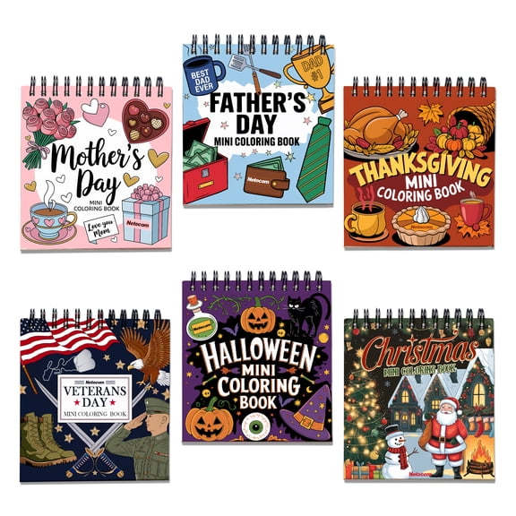 Holiday Themes Coloring Book Spiral Bound for Adult, Pack 6, 3.5” x 3.5” Pocket Size, 40 Coloring Pages Stress & Anxiety Relief, Travel for Women Men