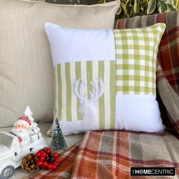 Holiday Throw Pillow cover, 16"x16" Green Cotton Pillowcase, Country & Farmhouse Checkered & Stiped Christmas Pillow Cover For Sofa Couch, Hotels, living Room, Bed Room - Reindeer Check