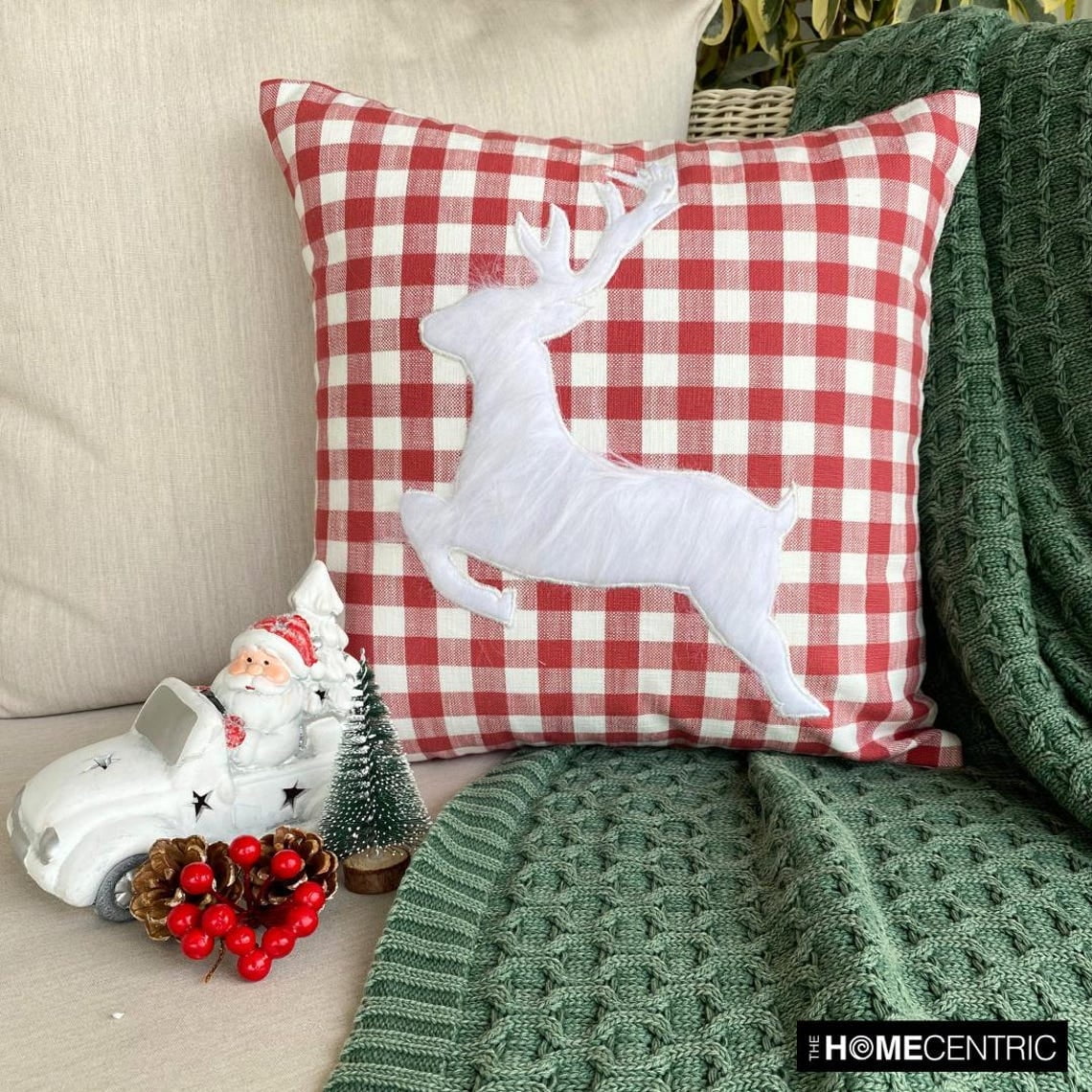 Holiday Throw Pillow cover, 26"x26" Red Cotton Pillow Cover, Country & Farmhouse Checkered Christmas Check Pillow Cover For Sofa Couch, Hotels, living Room, Bed Room - Furry Antlers