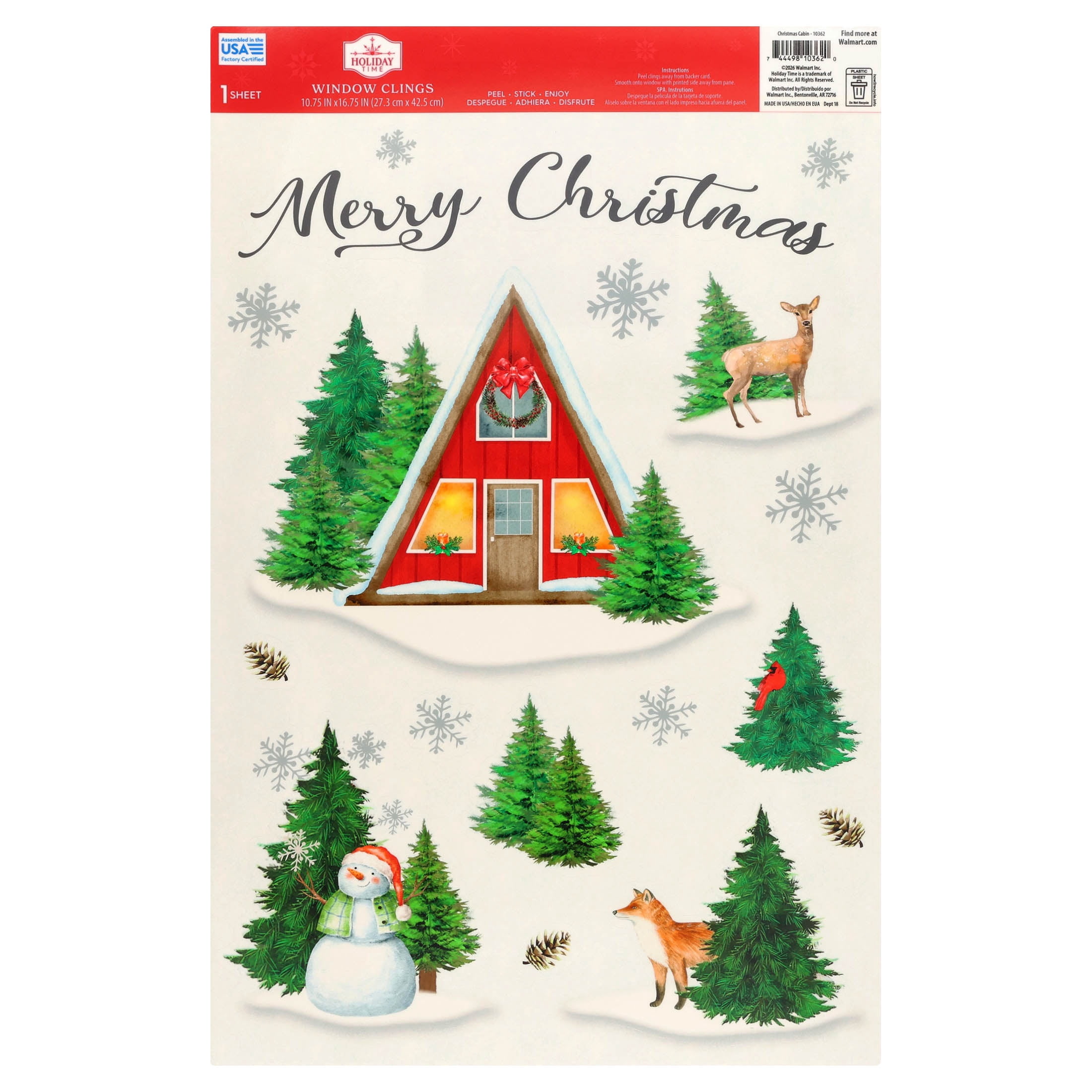 Cozy Cabin Christmas Window Clings, Multicolor, 10.8" x 16.8", by Holiday Time