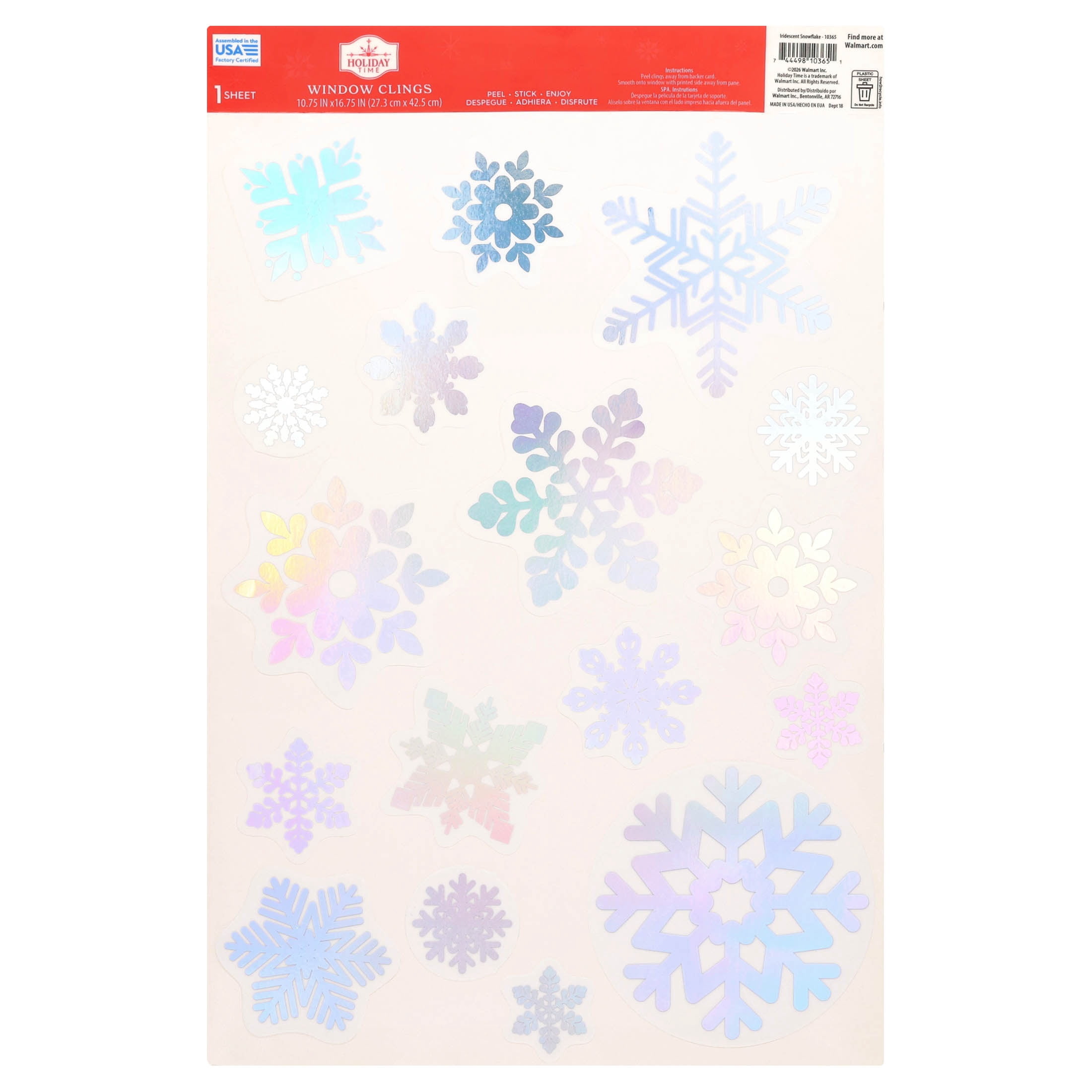 Snowflake Christmas Window Clings, Iridescent, 10.8" x 16.8", by Holiday Time