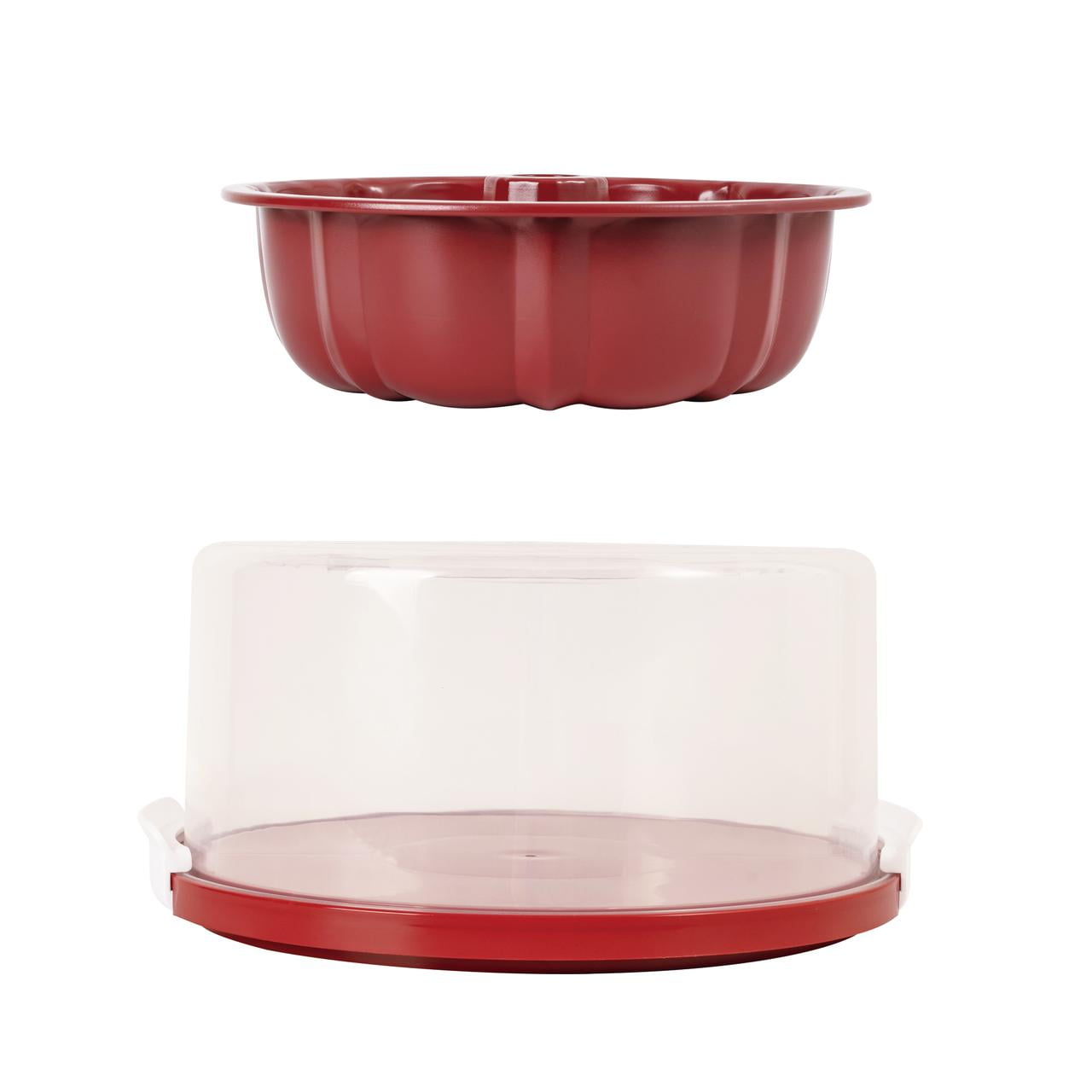Holiday Time 10-inch Non-Stick Fluted Cake Pan with Carrier, with Handle, Red