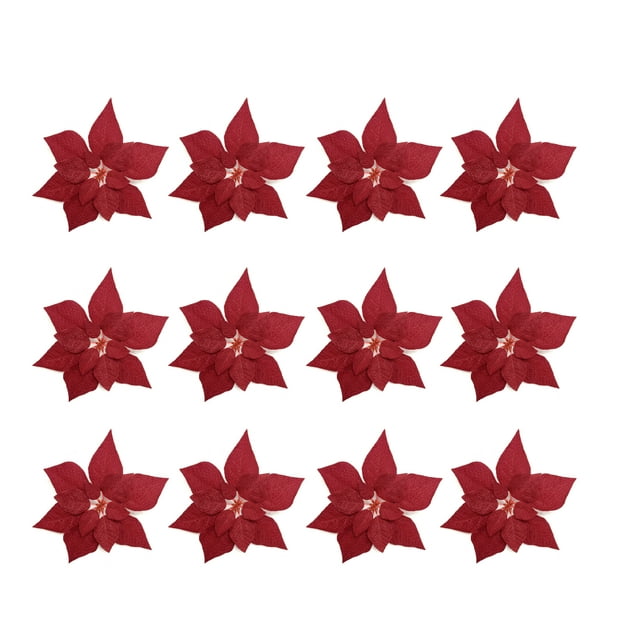 Holiday Time 11" Burgundy Red Velvet Poinsettia Clip Christmas Ornaments, 12 Count