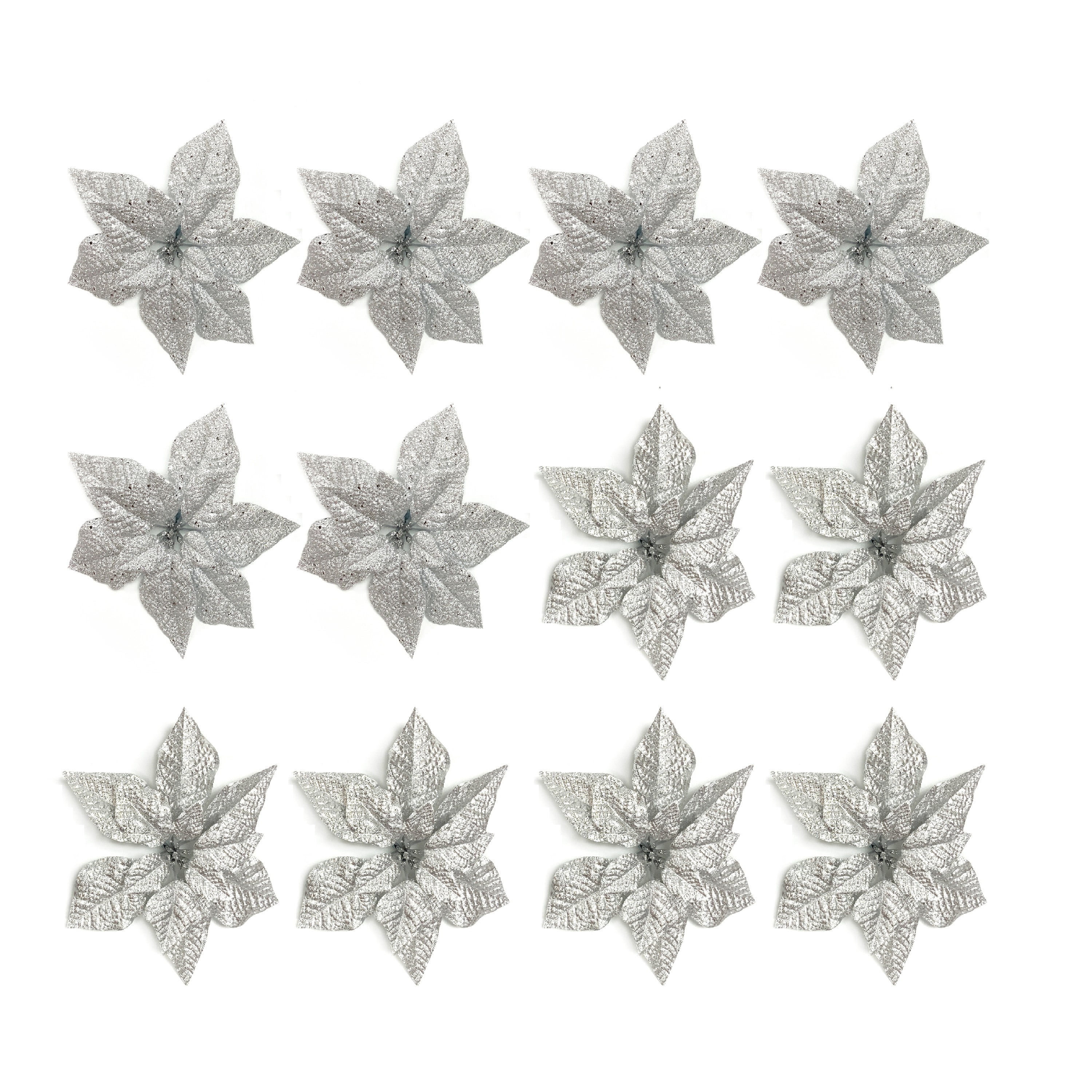Holiday Time 11" Silver Poinsettia Clip Decorative Accent Christmas Ornaments, 12 Count