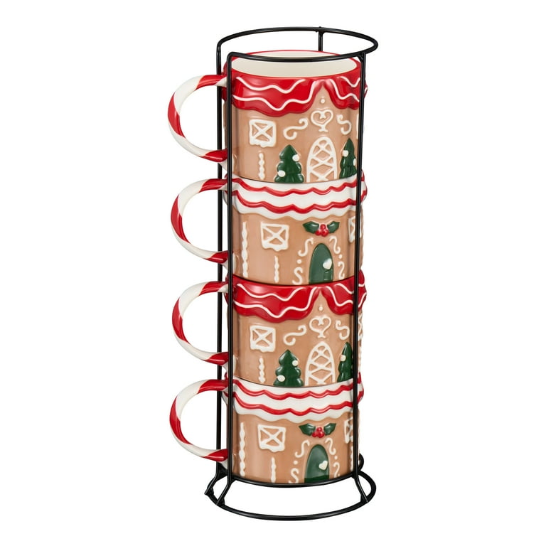 Holiday Time Gingerbread House 12oz Glazed Stoneware Ceramic Stacking Mug  Set with Metal Rack - Walmart.com