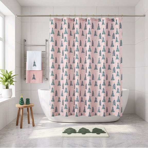 Holiday Time 13-Piece Trees and Stars Shower Curtain Set, Pink