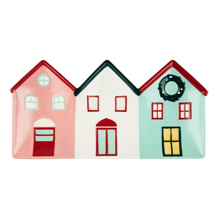 Holiday Time 14" Multicolor Holiday Houses-Shaped Glazed Earthenware Serving Tray