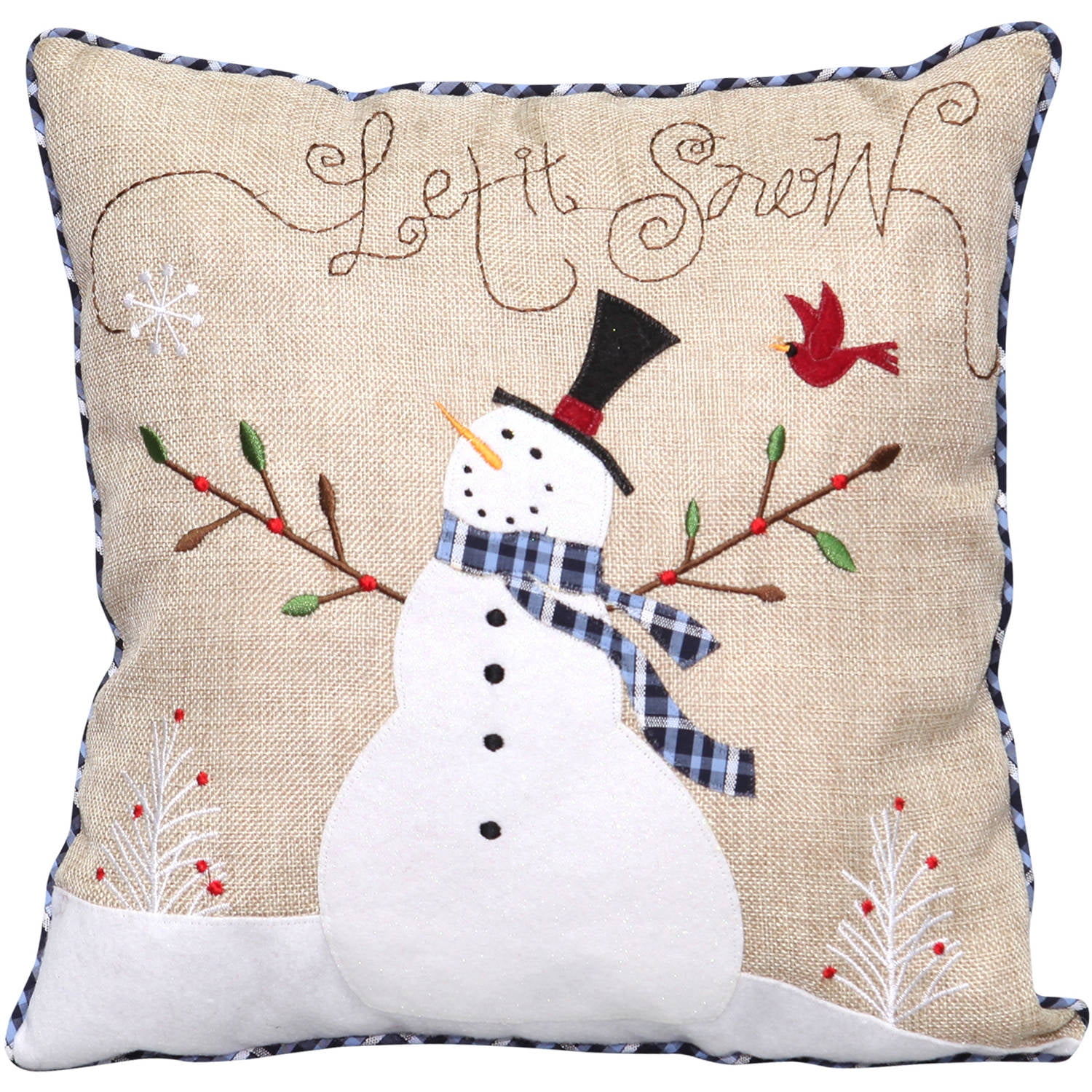 Holiday Time 14" Natural Burlap Snowman Pillow with Embroidery