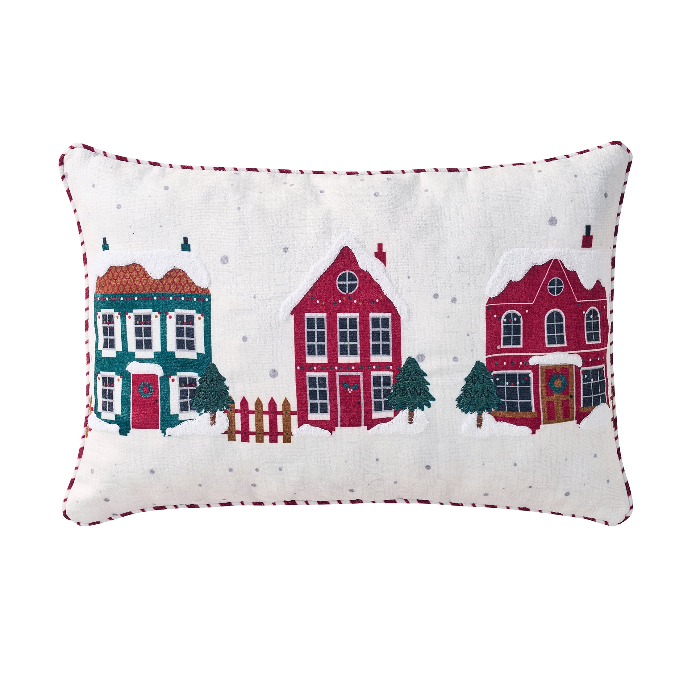 Holiday Time 14 in x 22 in Ivory Winter Village Embroidered Decorative Pillow