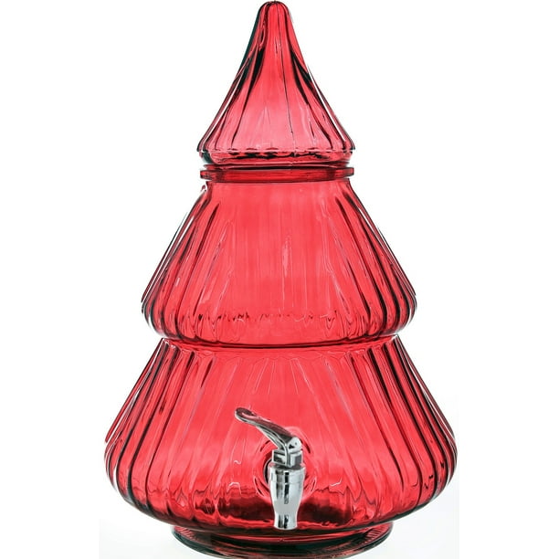 Holiday Time 2.1 Gallon Red Glass Christmas Tree Beverage Dispenser