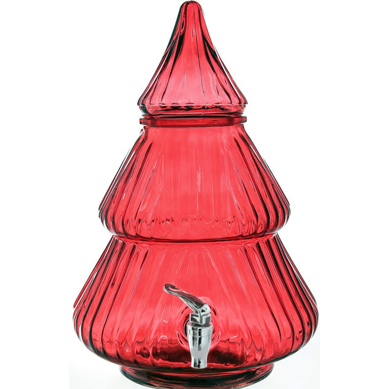 1.5-Gallon Glass Christmas Tree Drink Dispenser with Lid, Red